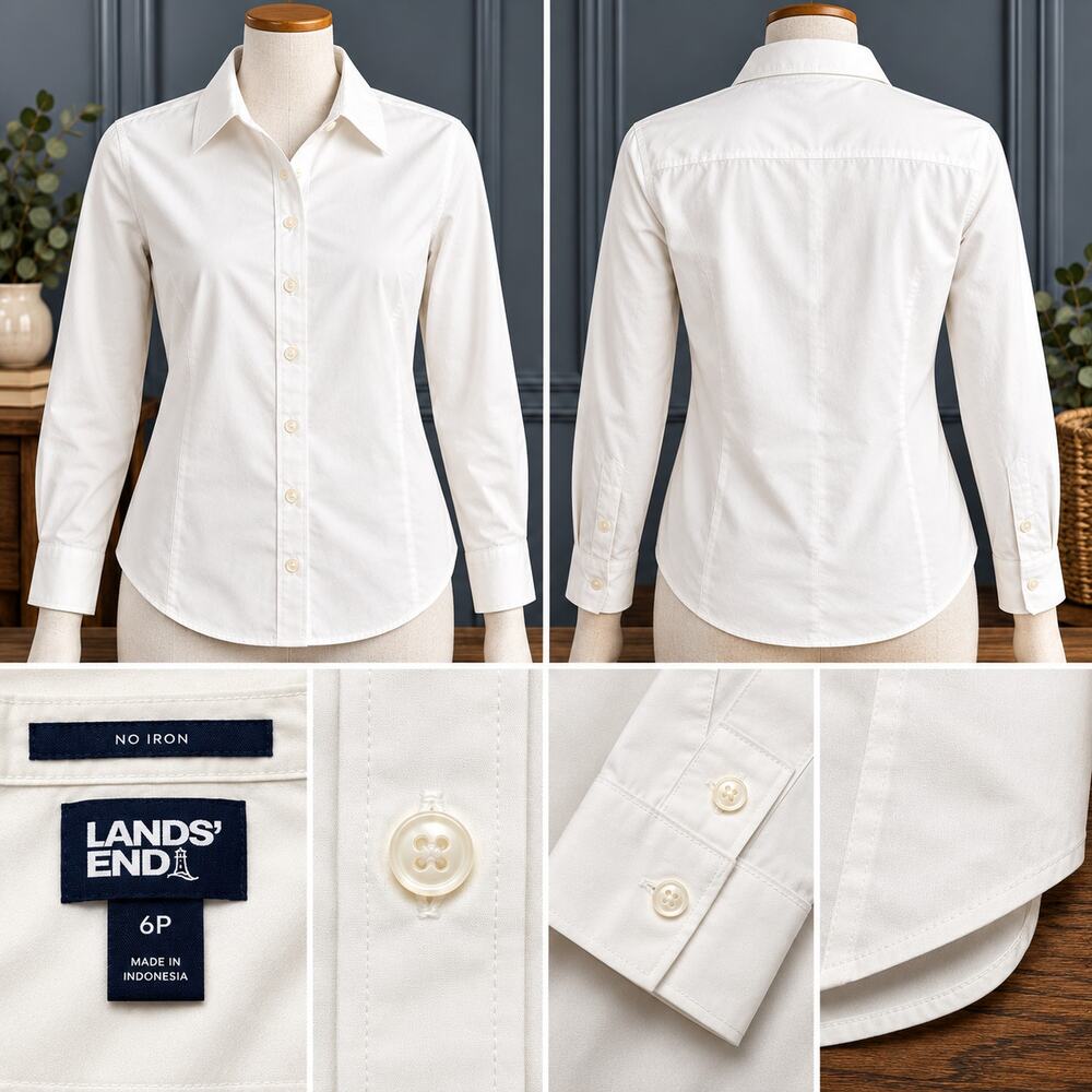 Lands’ End Size 6P White Button Up Shirt 100% Cotton Quiet Luxury Preppy School